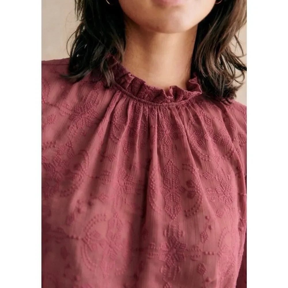 NWT Sezane Embroidered Cotton High Neck Blouse Berry Mauve US 4